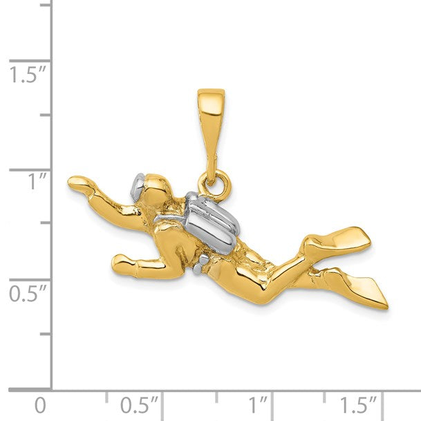 14K and White Rhodium Polished Open-Backed Scuba Diver Pendant