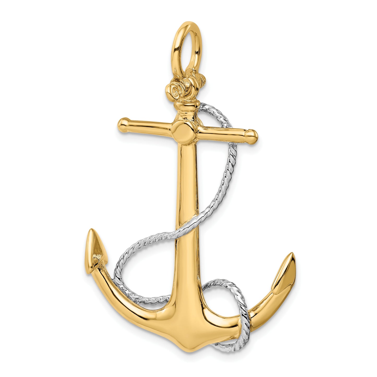 14k Two-tone 3-D Large Anchor with Entwined Rope Accent Pendant