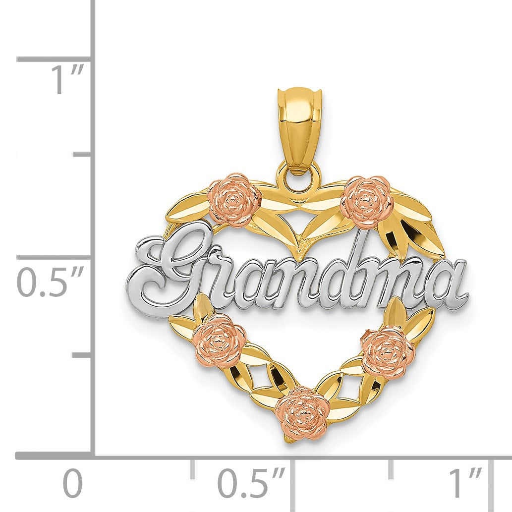 14k Two-tone with White Rhodium GRANDMA Heart with Flowers Pendant