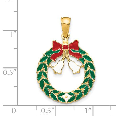 14k Enameled Christmas Wreath with Bells Pendant