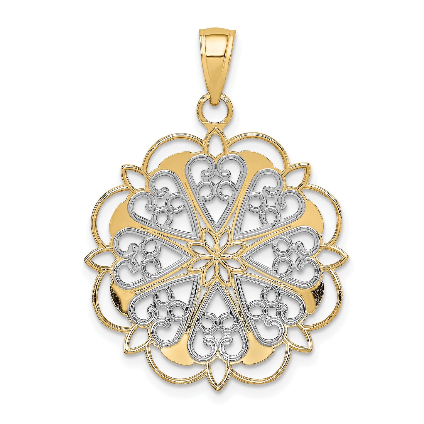 14K and White Rhodium Filigree Hearts with Scalloped Edge Pendant
