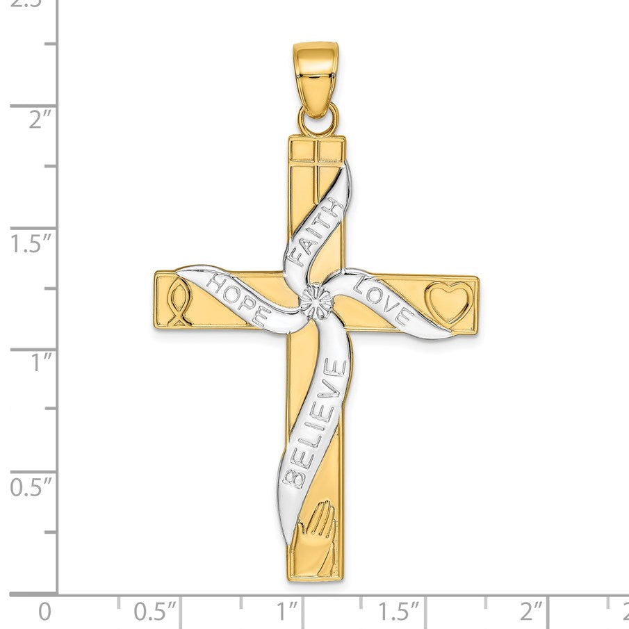 14K and White Rhodium Large HOPE FAITH LOVE BELIEVE Cross Pendant