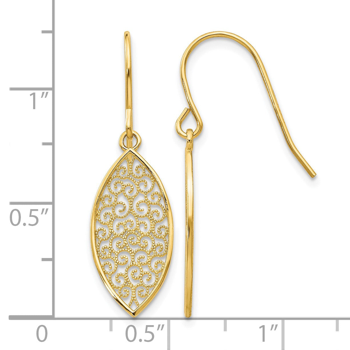 14k Fancy Filigree Pointed Oval Dangle French Hook Earrings