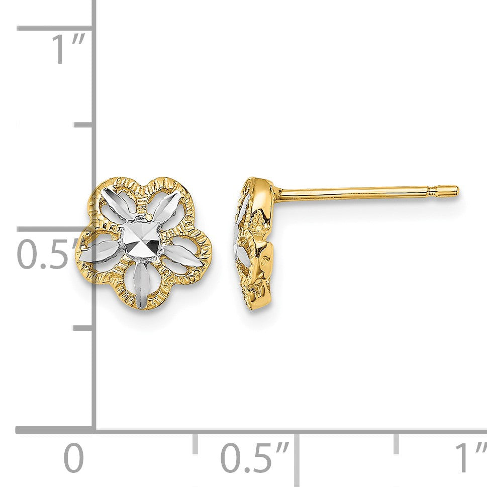 14K and White Rhodium Diamond-cut Flower Post Earrings