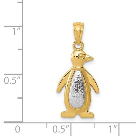 14K Two-tone Polished and Textured Penguin Pendant