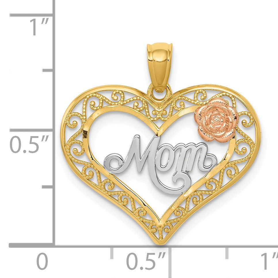 14k Two-tone with White Rhodium Diamond-cut MOM in Heart with Rose Pendant