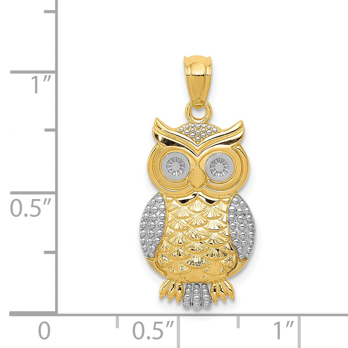 14K and White Rhodium Polished and Textured Owl Pendant