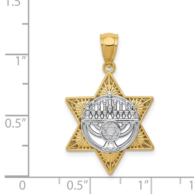 14K Two-Tone Fancy Star Of David and Menorah Pendant
