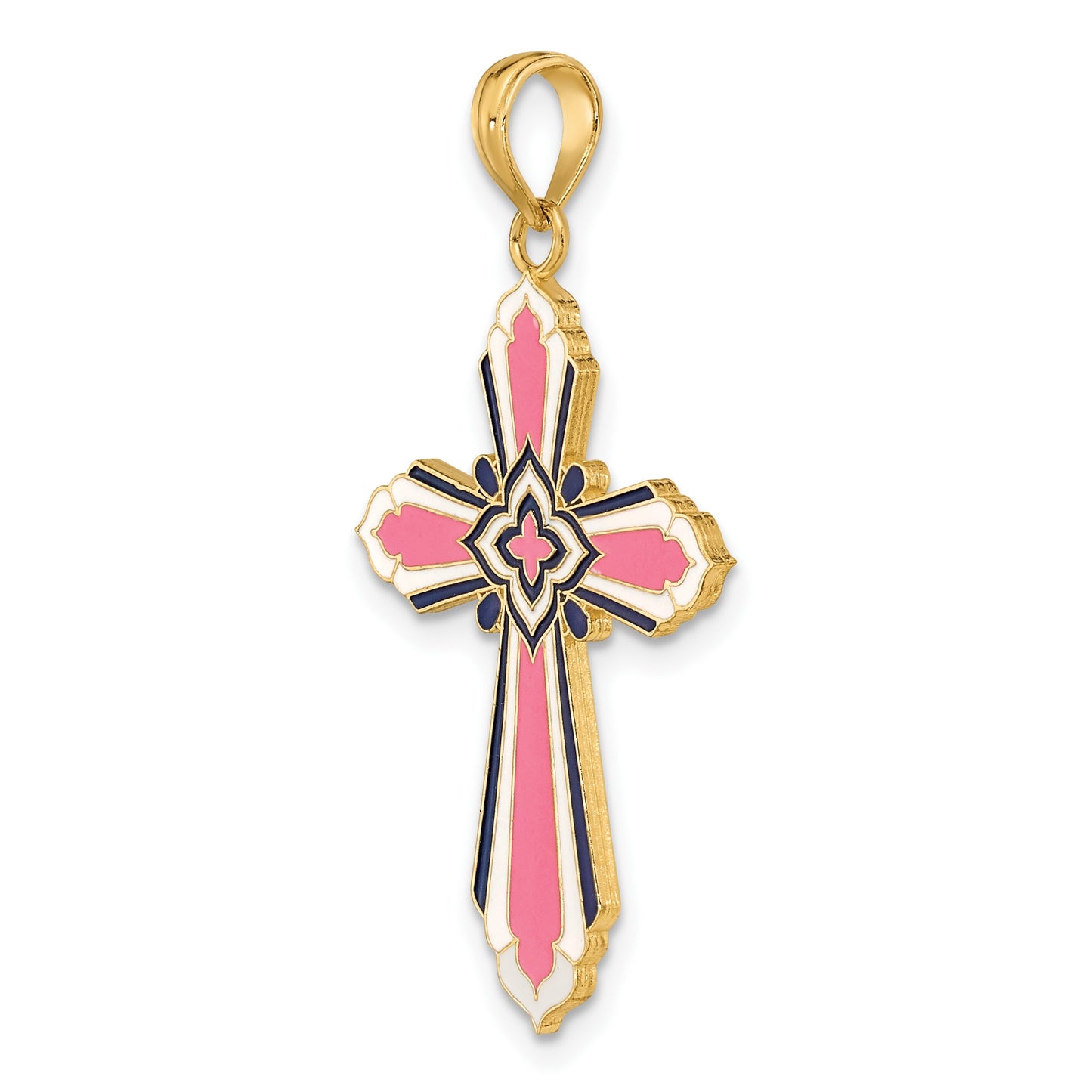 14K Pink/White/Blue Enameled Reversible Same on Both Sides Cross Charm