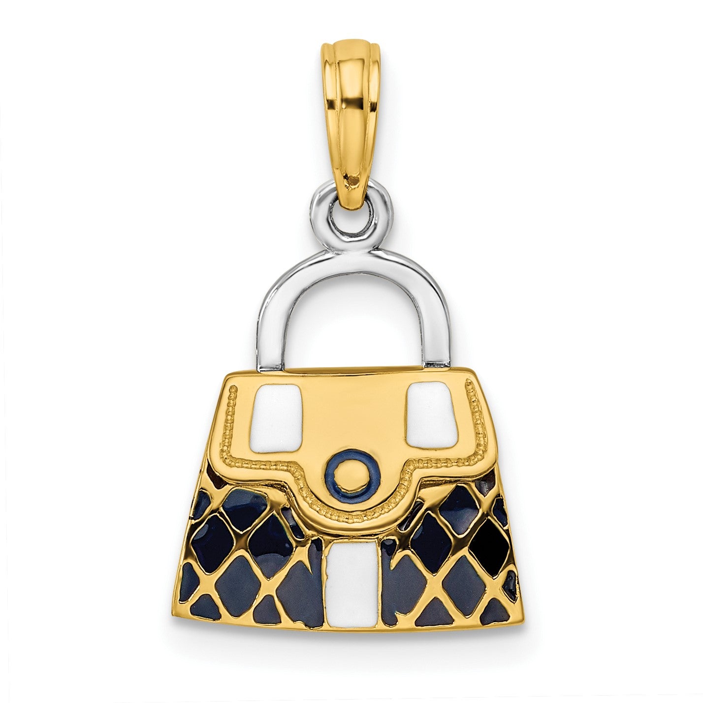 14K and White Rhodium 3-D Black Enameled Quilted Handbag Opens Charm