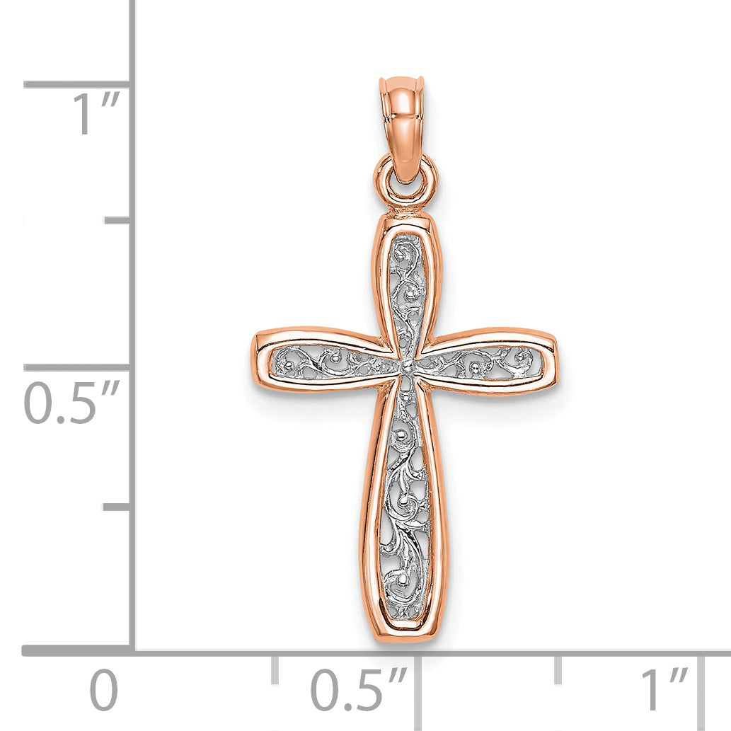 14K Rose Gold and White Rhodium Cross with Filigree Center Charm
