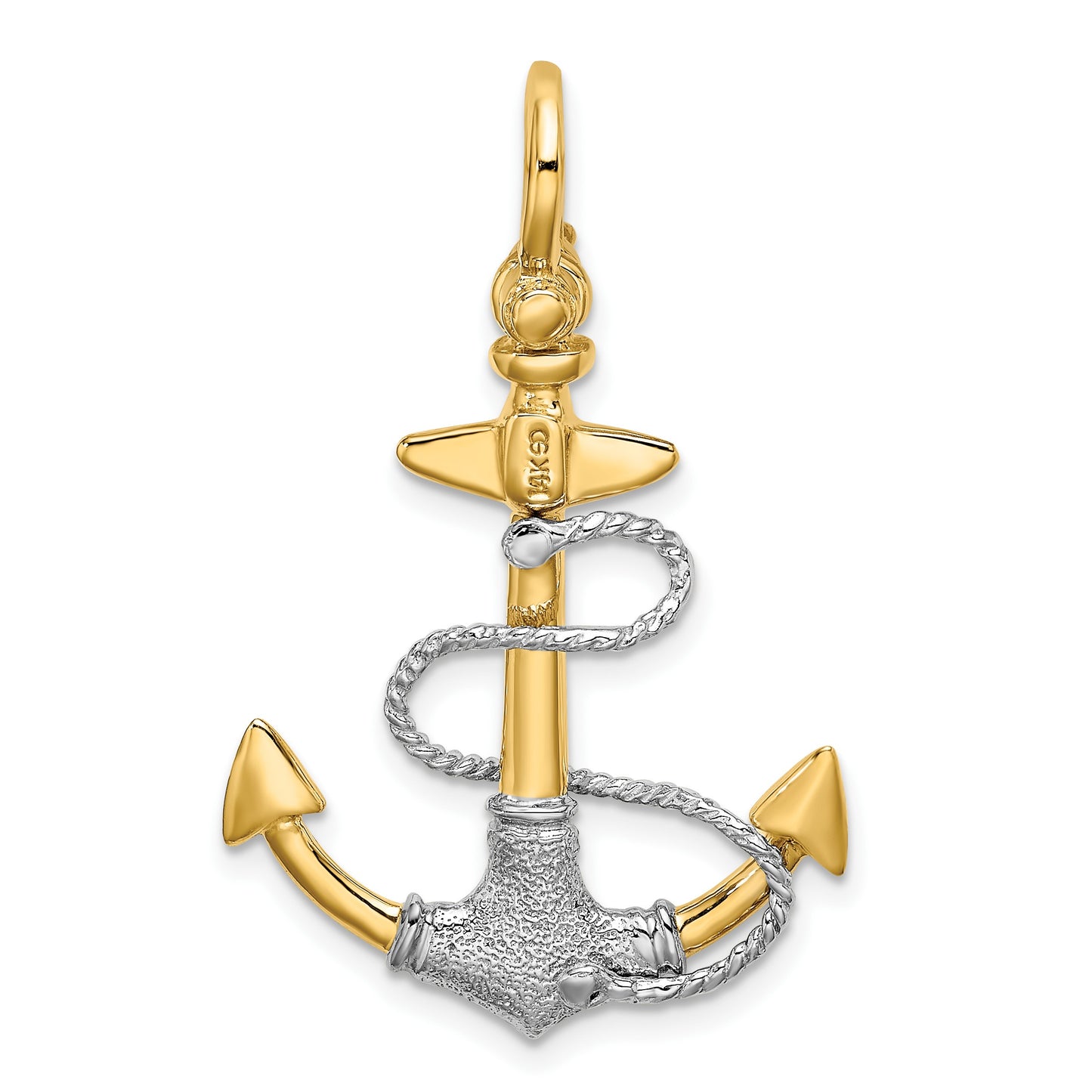 14K Two-tone 3-D Textured Anchor with Rope and Shackle Bail Charm