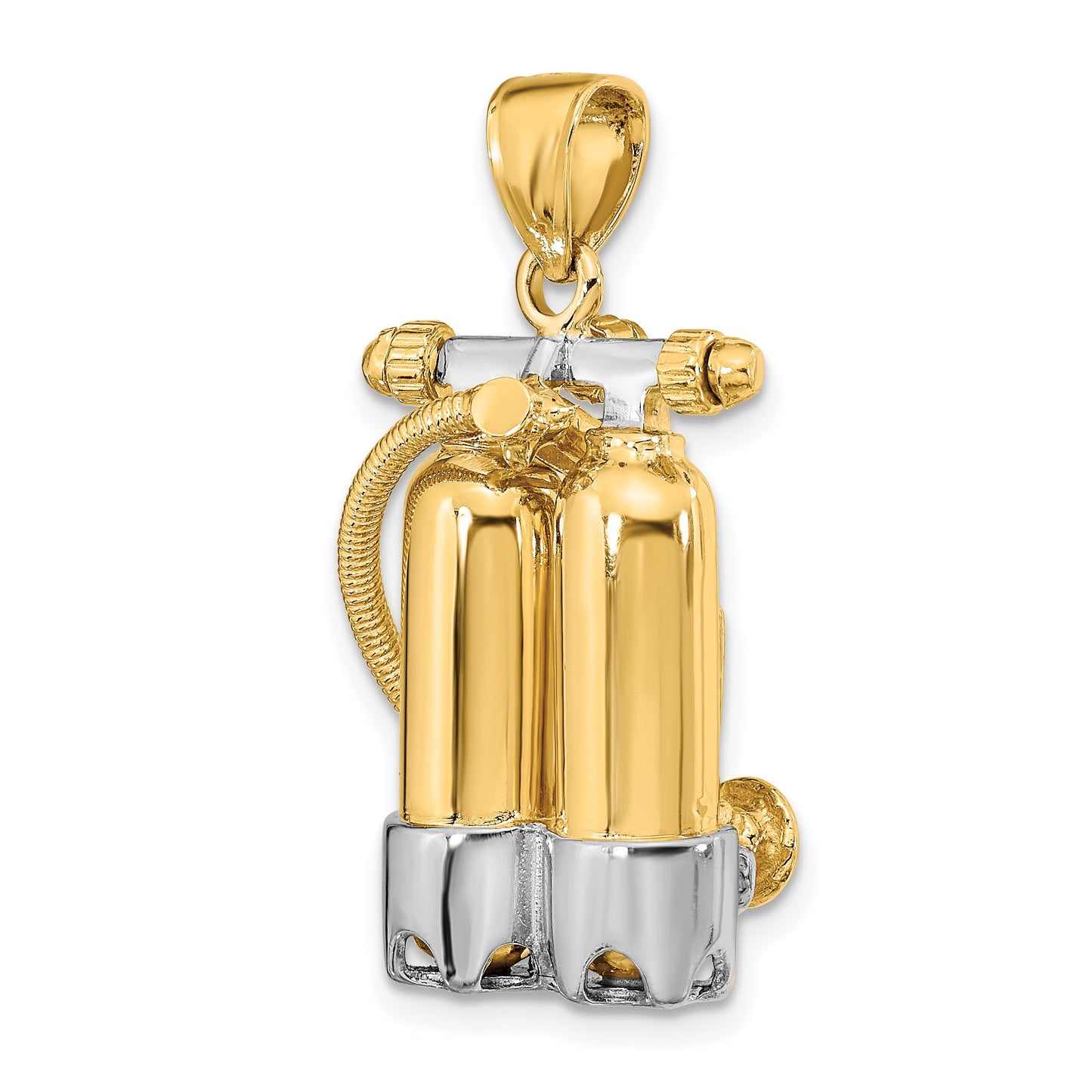 14K and White Rhodium 3-D Double Scuba Tanks with Air Hose Charm