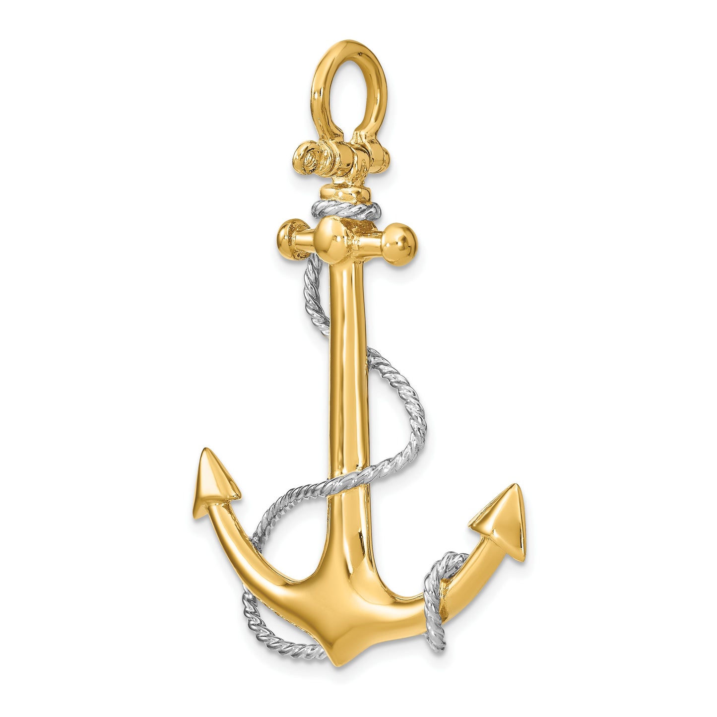 14K and White Rhodium 3-D Large Anchor with Rope and Shackle Bail Charm