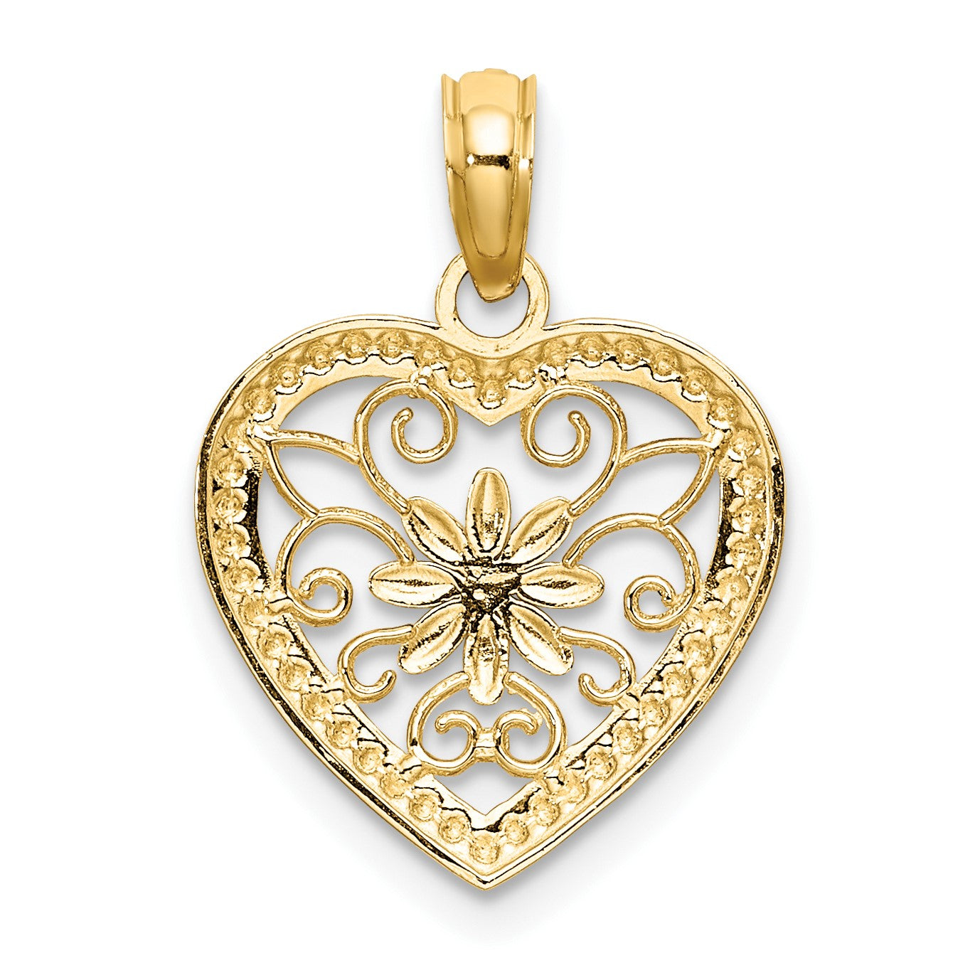 14k and White Rhodium Textured Flower Filigree Heart Charm