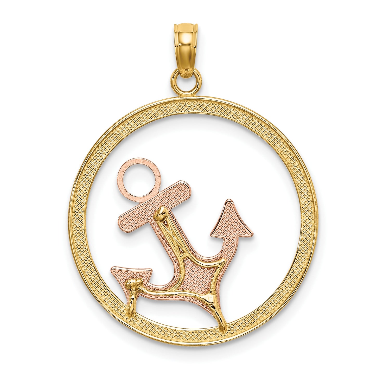 14K Two-tone with White Rhodium Anchor In Circle Charm