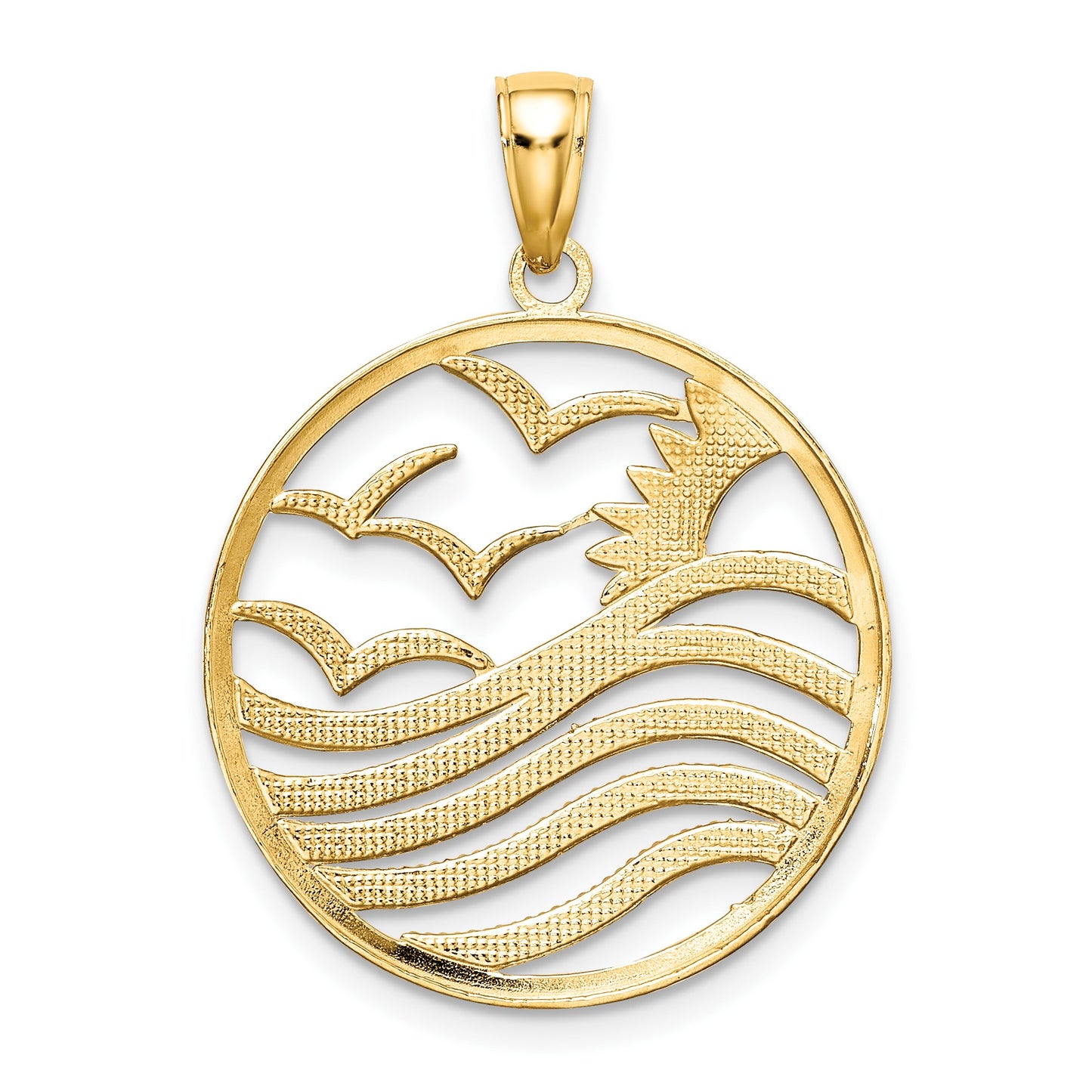 14k and White Rhodium Sunset and Seagulls In Circle Pendant