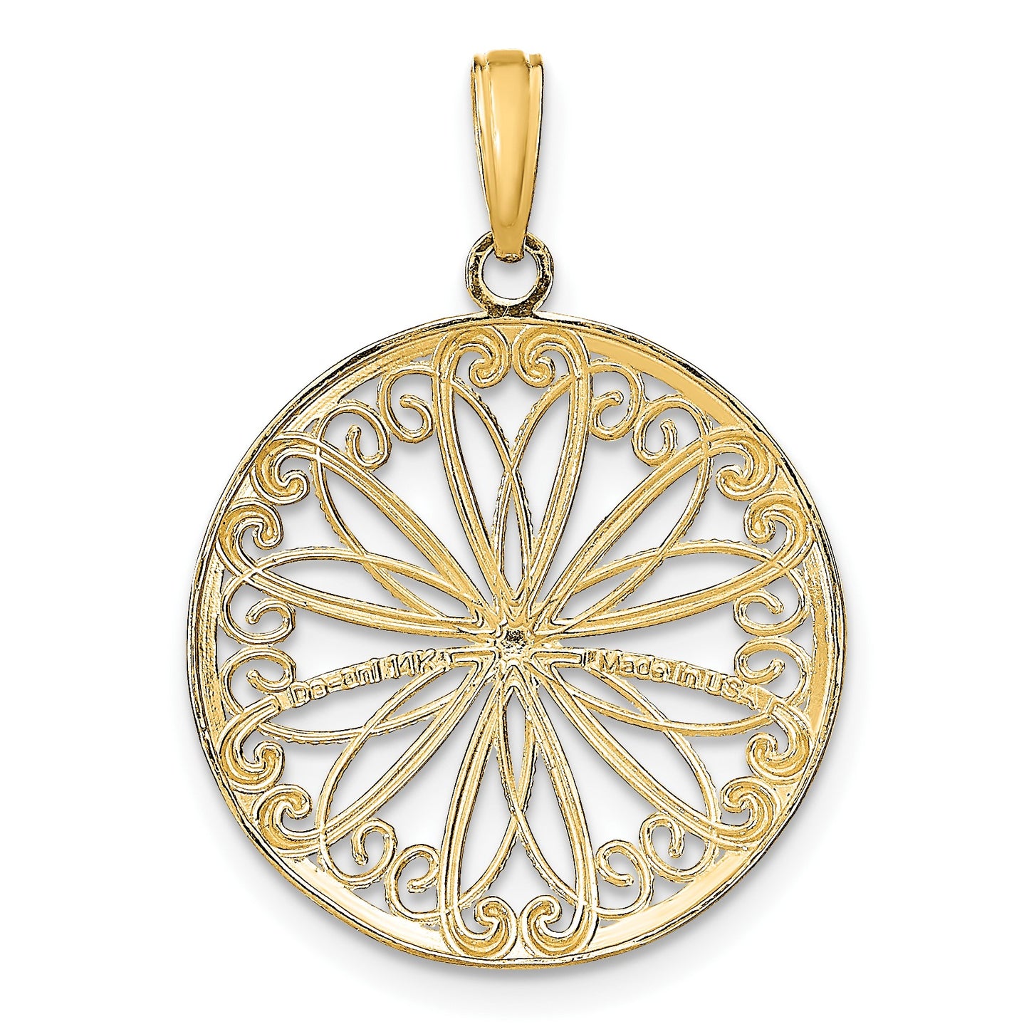14K and White Rhodium Filigree Center Round Charm
