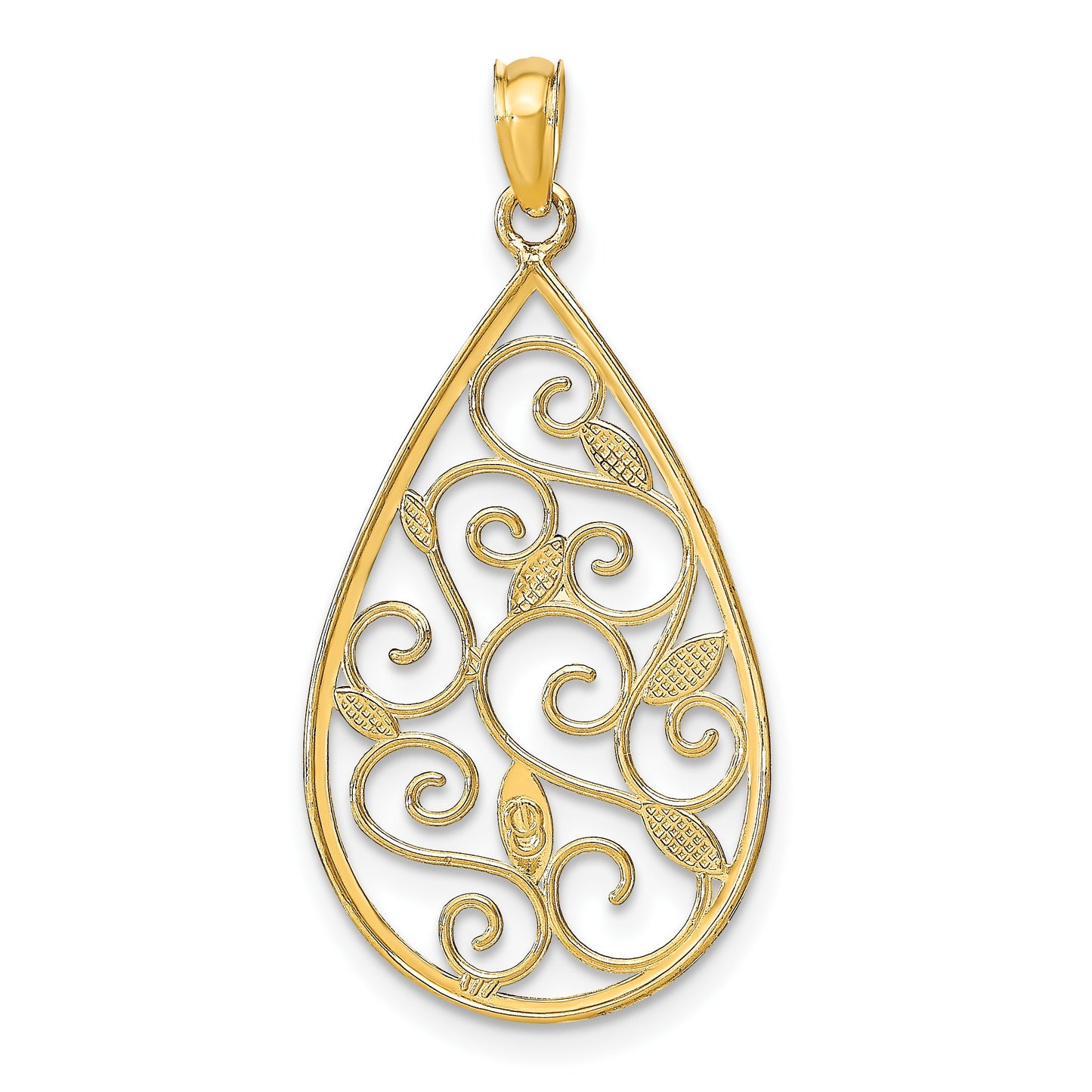 14k and White Rhodium Beaded Filigree Diamond-cut Teardrop Charm