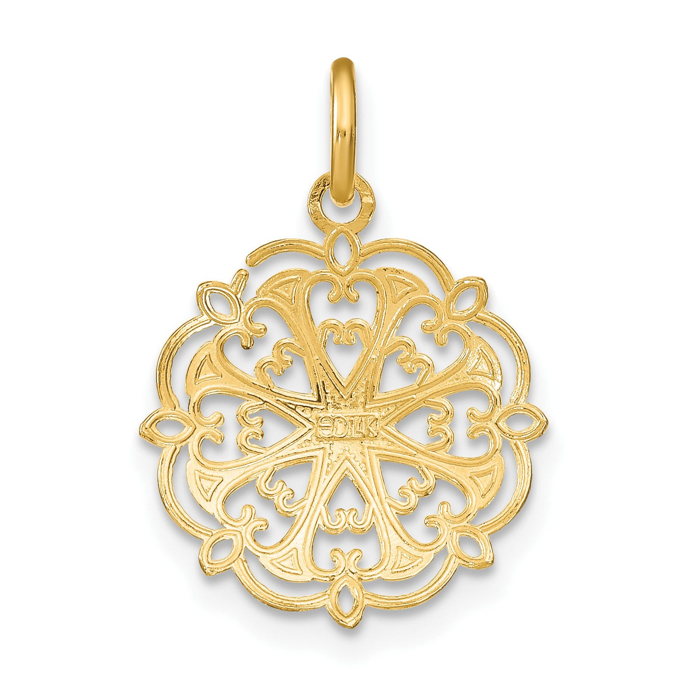 14K and White Rhodium and Diamond-cut Filigree Heart Round Charm