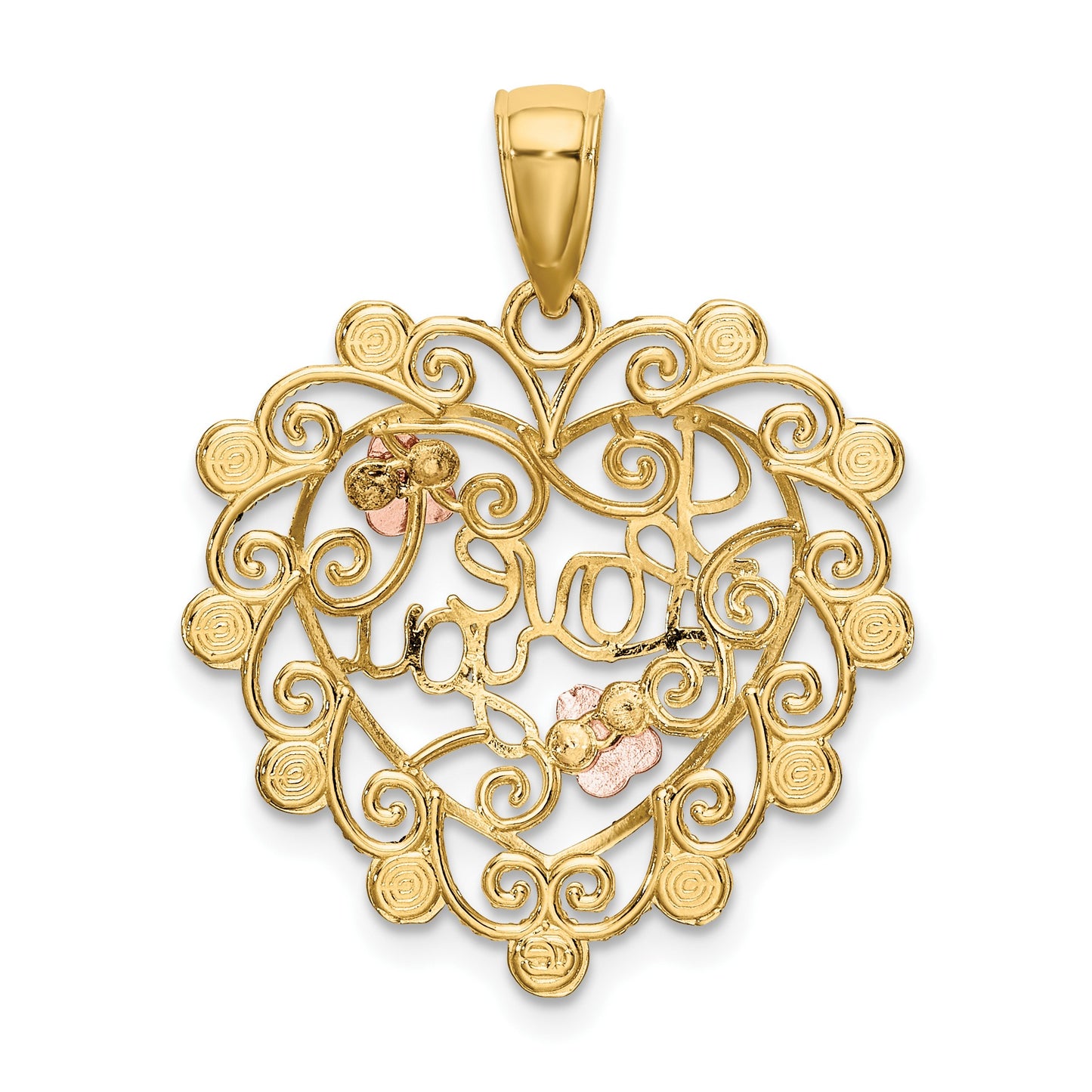 14k Two-tone and White Rhodium I LOVE YOU Filigree Heart with Flowers Charm