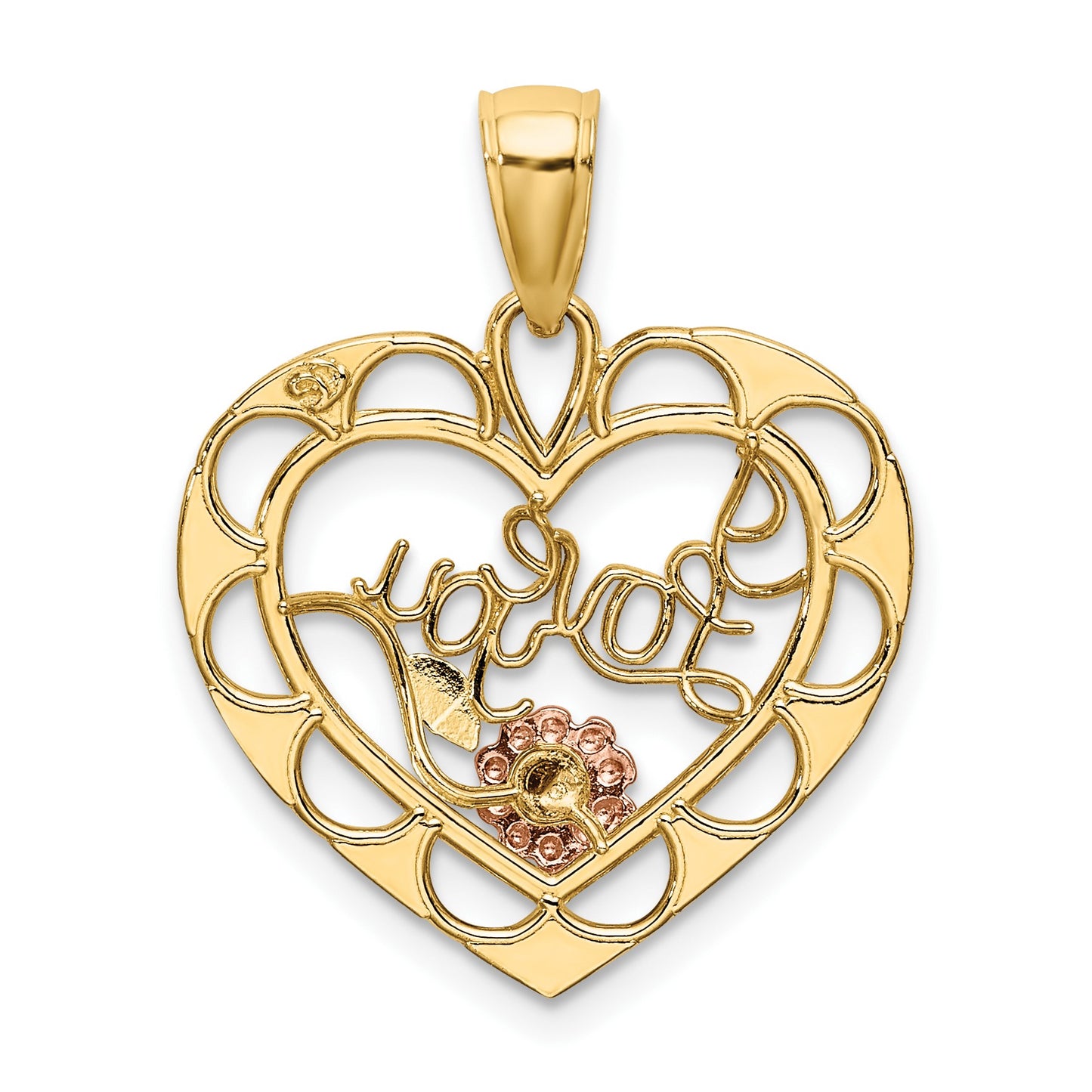 14k Two-one and White Rhodium I LOVE YOU Heart with Flower Charm