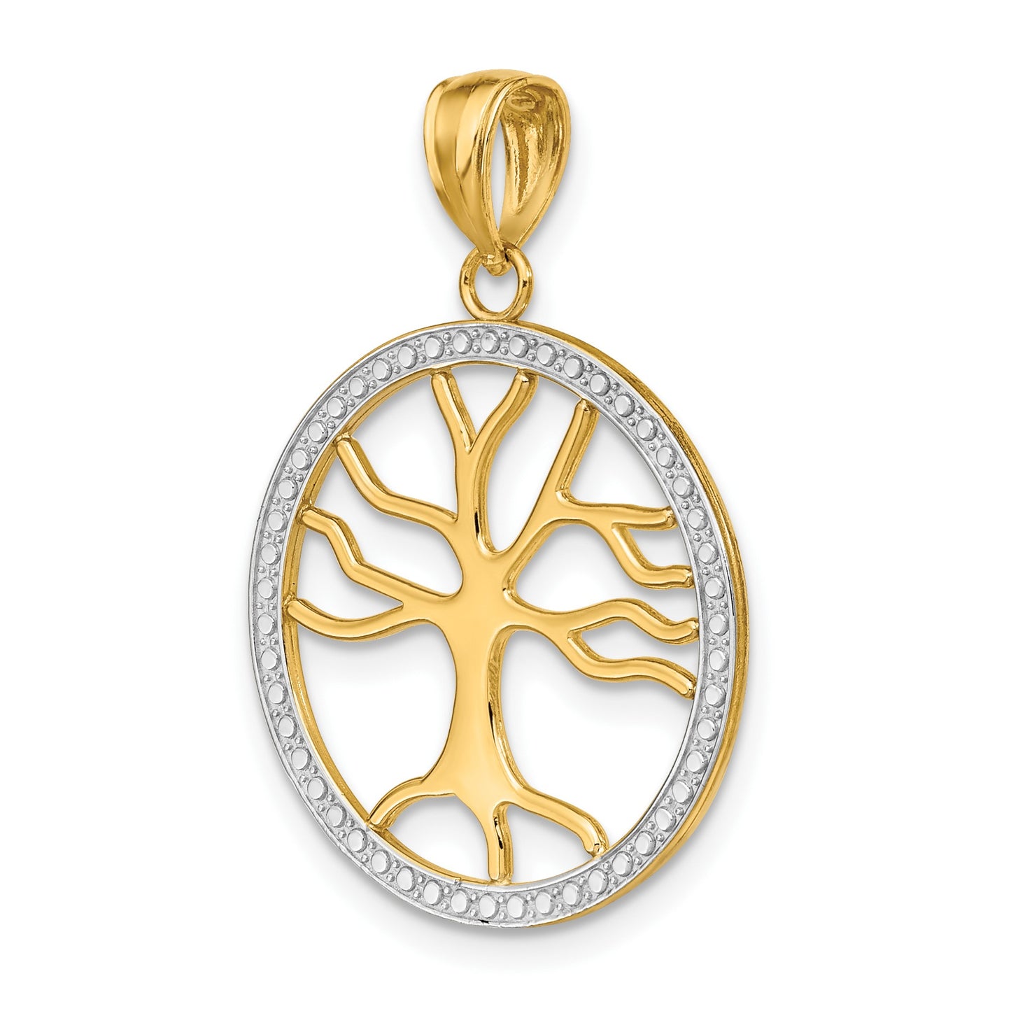 14k and White Rhodium Large Tree of Life Round Frame Charm