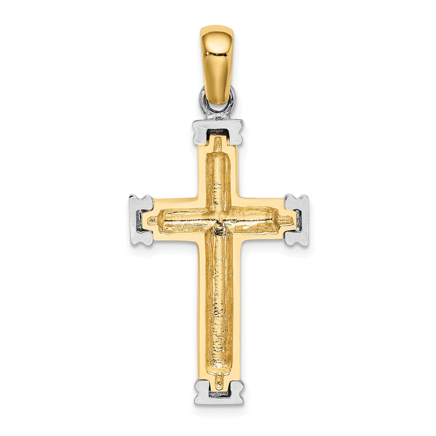 14K and White Rhodium Scroll with Double Endcaps Cross Charm