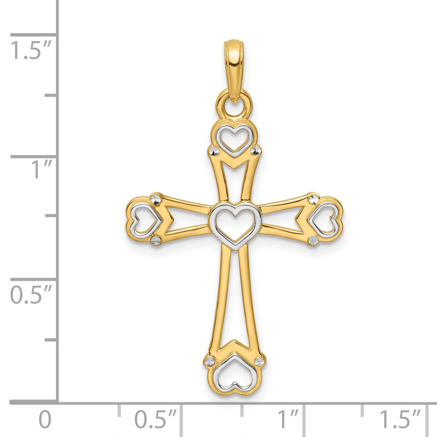 14K and White Rhodium Diamond-cut Cross with Hearts Pendant