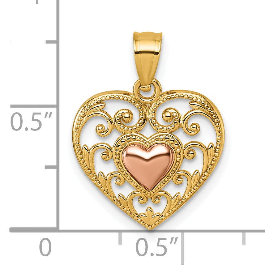 14k Two-tone Polished And Textured Fancy Filigree Heart In Heart Pendant