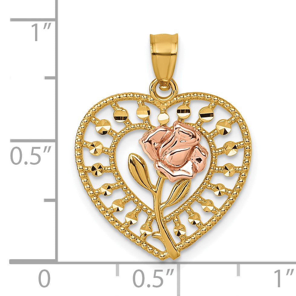 14k Two-tone Diamond-cut Polished Rose In Heart Pendant