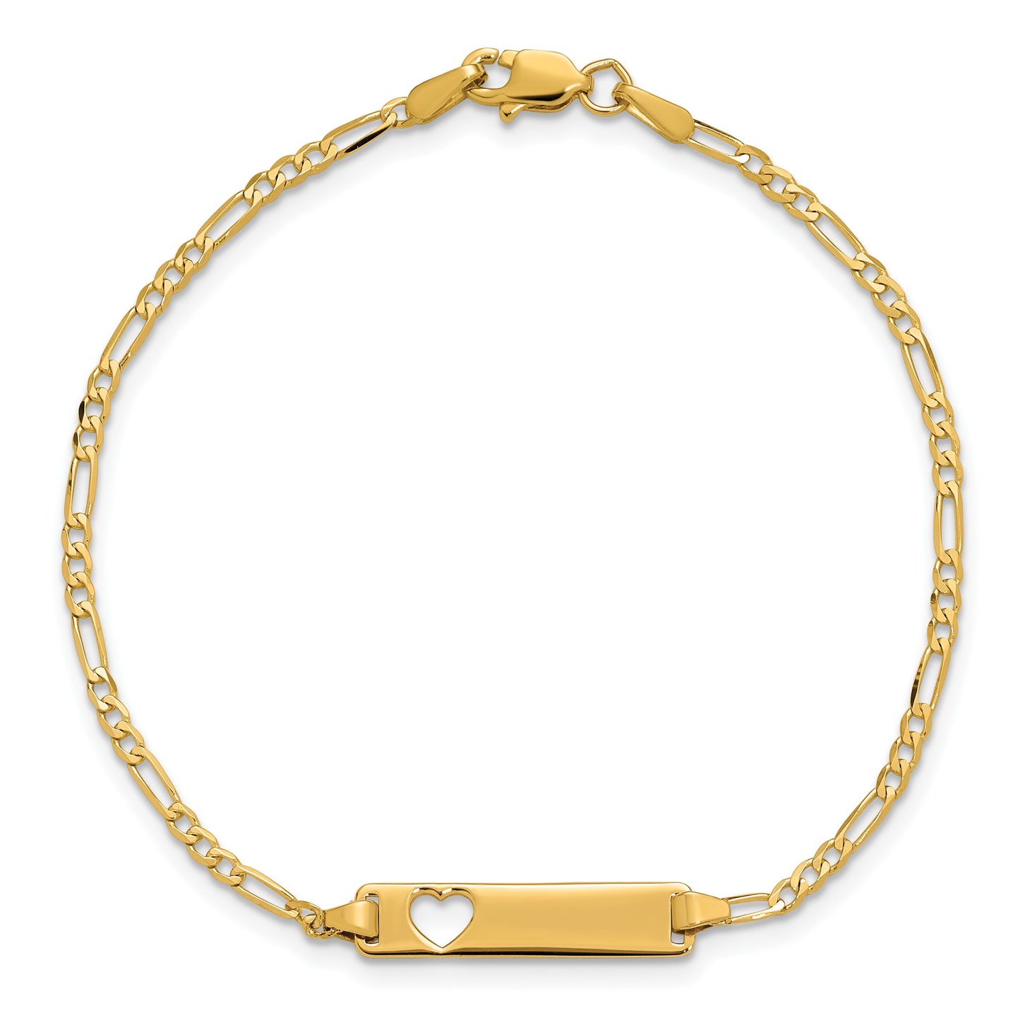14k Polished Solid Chain/Solid Plate Figaro Link Cut-out Heart 20x5mm Plate 7 inch ID Bracelet
