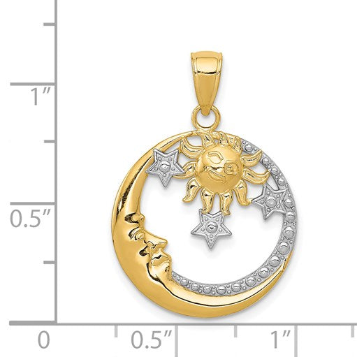 14k and White Rhodium Diamond-cut Moon/Stars/Sun Pendant