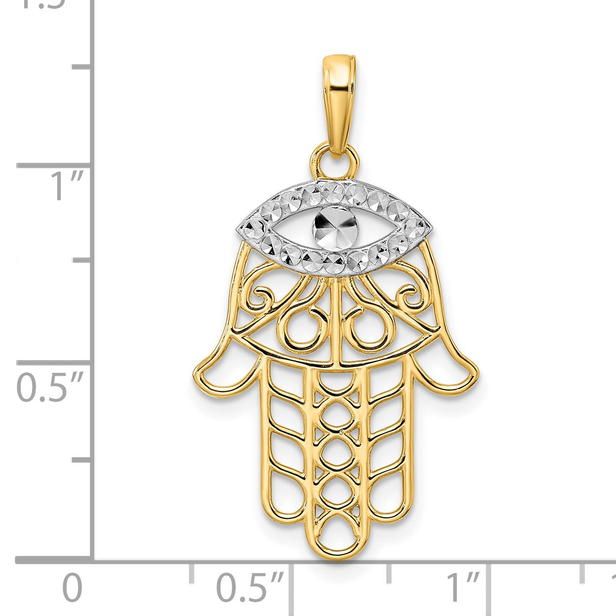 14k and White Rhodium Diamond-cut Evil Eye Filigree Hamsa Pendant
