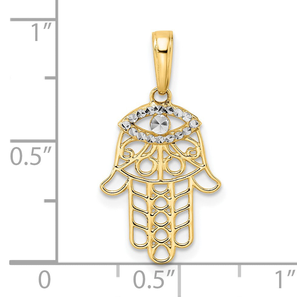 14k and White Rhodium Diamond-cut Evil Eye Filigree Hamsa Pendant