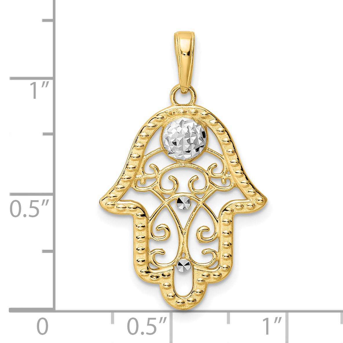 14k and White Rhodium Diamond-cut Evil Eye Filigree Hamsa Pendant