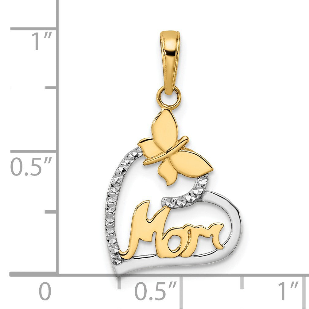 14K with White Rhodium Diamond-cut Butterfly and MOM in Heart Pendant