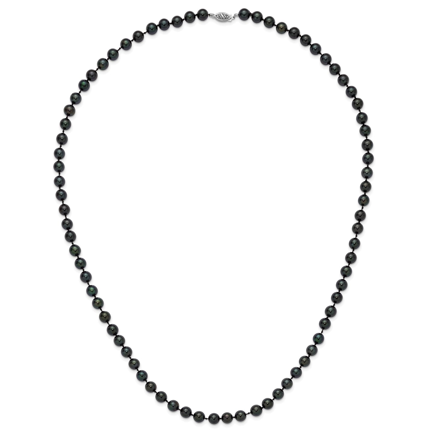 14k White Gold 7-8mm Black Round Akoya Saltwater Cultured Pearl 24 inch Necklace