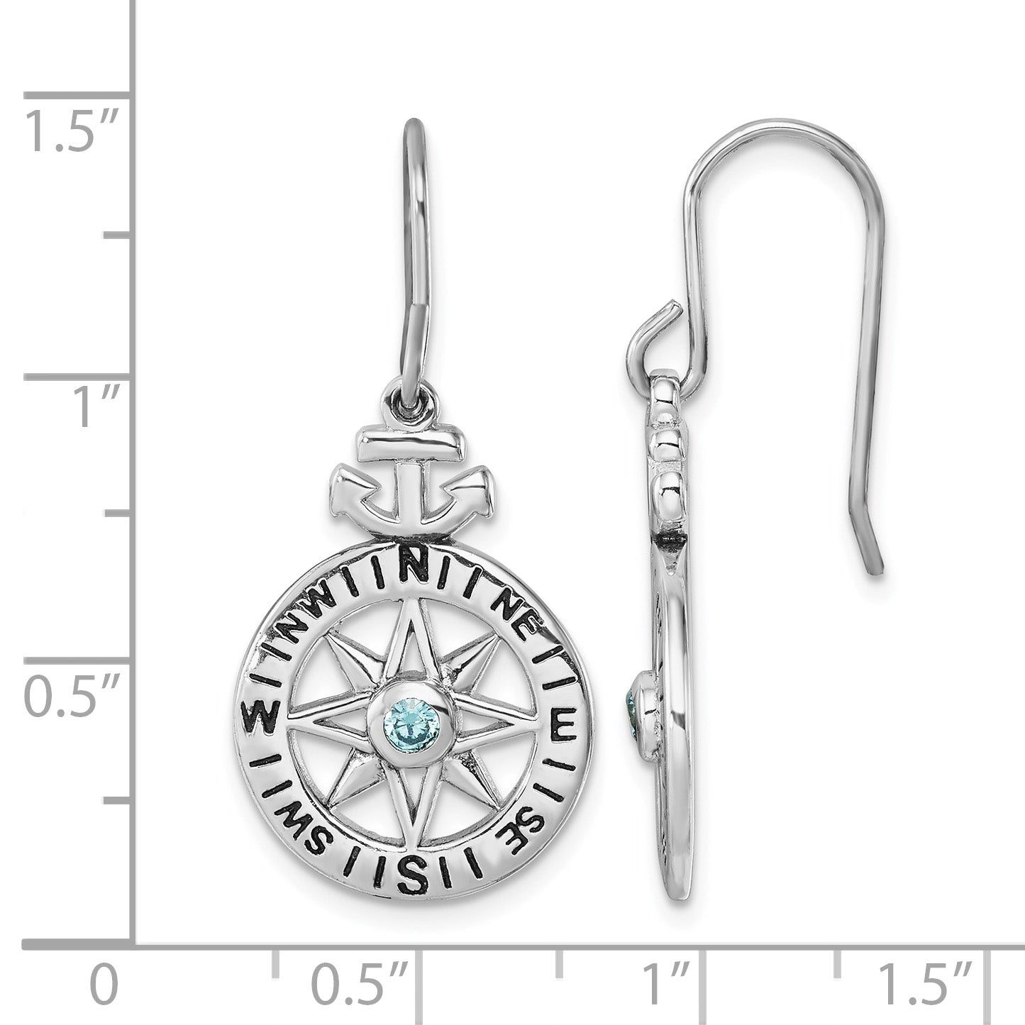 Sterling Silver Rhodium-Plated Polished CZ Compass Dangle Earrings