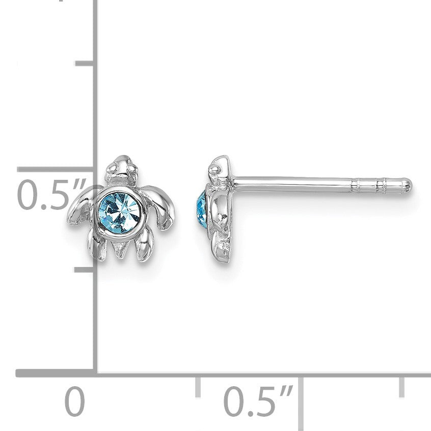 Sterling Silver Rhodium-Plated Polished Blue Crystal Inlay Tiny Turtle Post Earrings