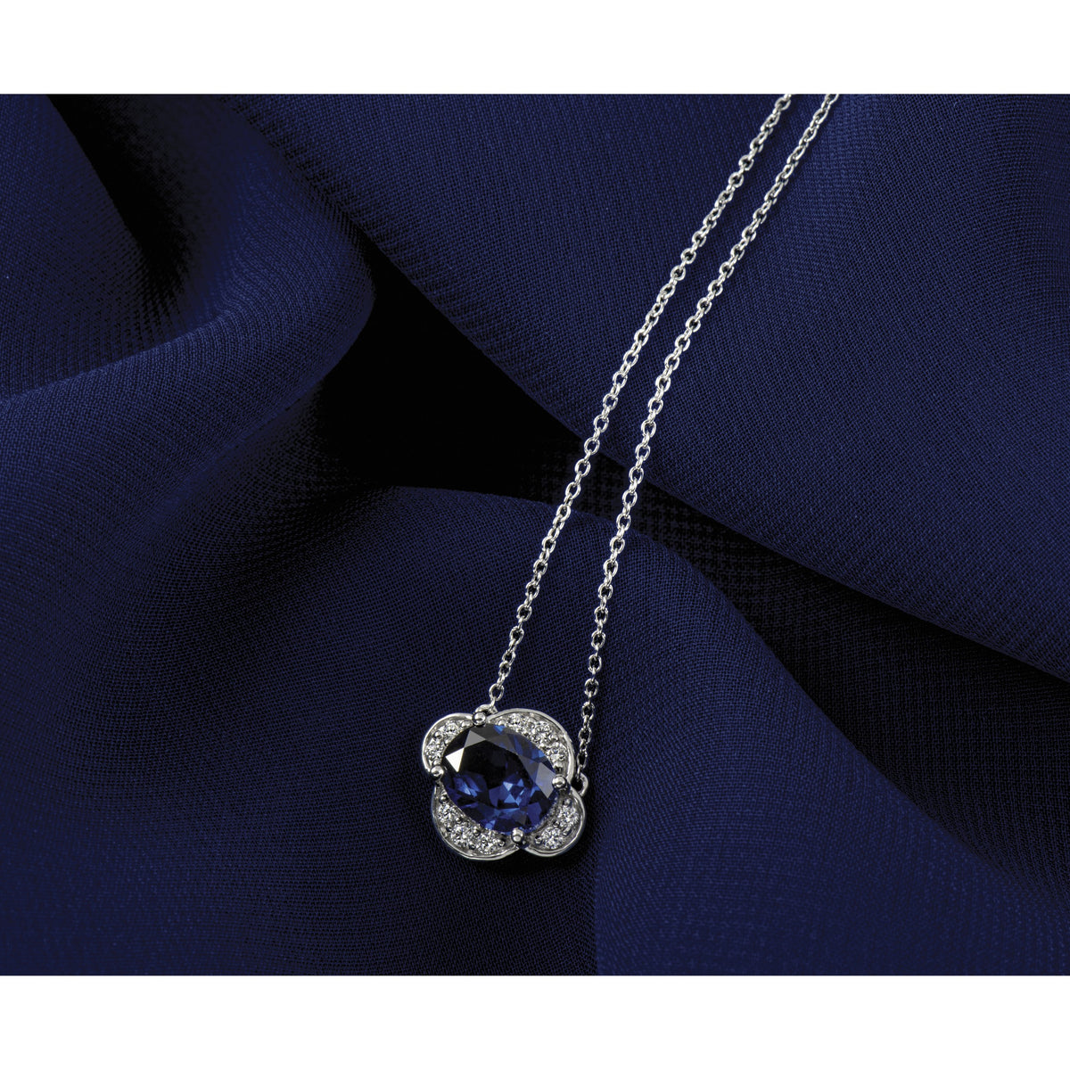 14k White Gold Diamond and Oval Sapphire East-West 18 inch Necklace