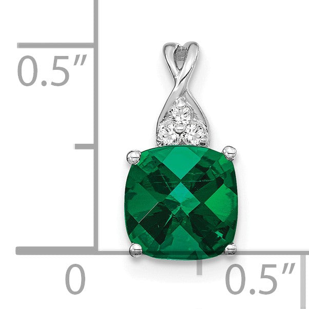 14k White Gold 7mm Cushion Checkerboard May/Lab Created Emerald and Diamond Pendant