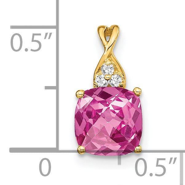 14k 7mm Cushion Checkerboard October/Lab Created Pink Sapphire and Diamond Pendant