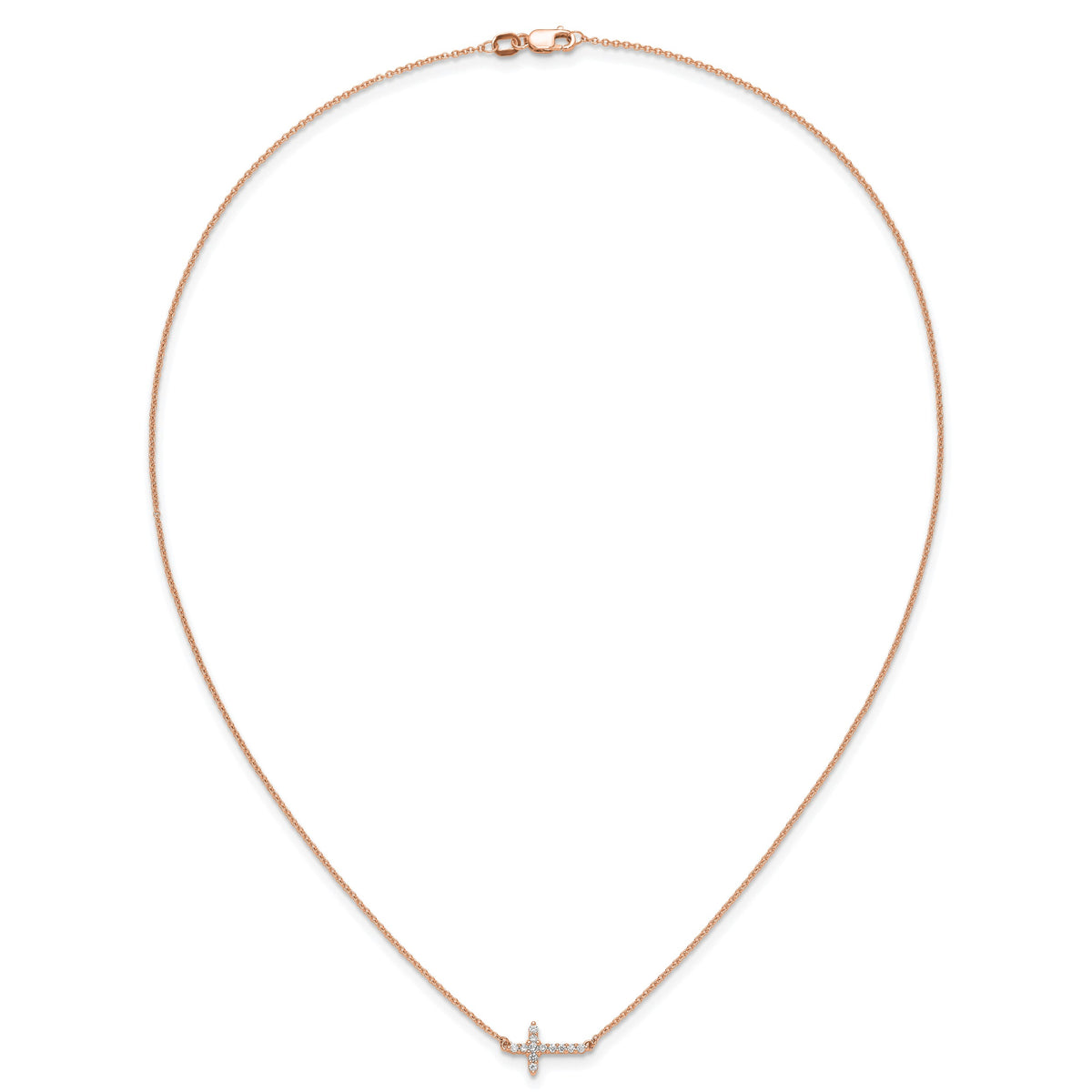 14k Rose Gold 1/6 carat Diamond Sideways Cross 18 inch Necklace