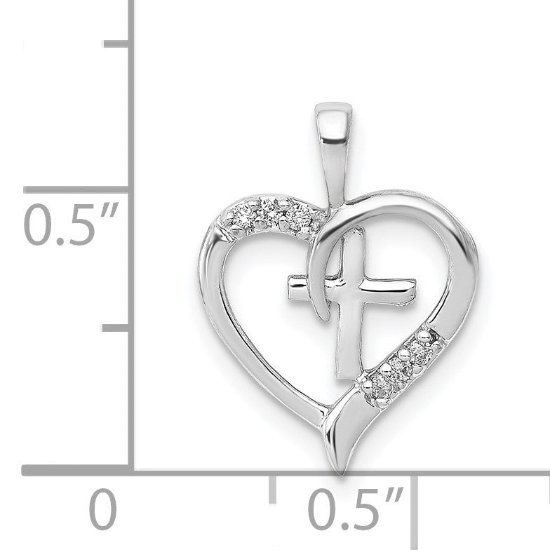 14k White Gold 1/20 carat AA Diamond Heart Cross Pendant