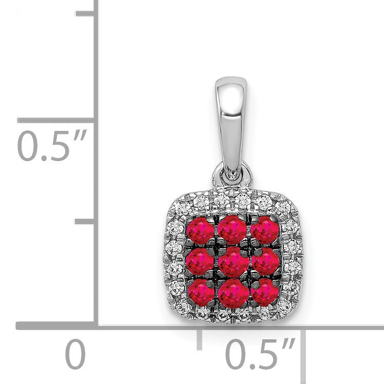 14k White Gold with Black Rhodium Diamond and .23 Ruby Cluster Square Halo Pendant