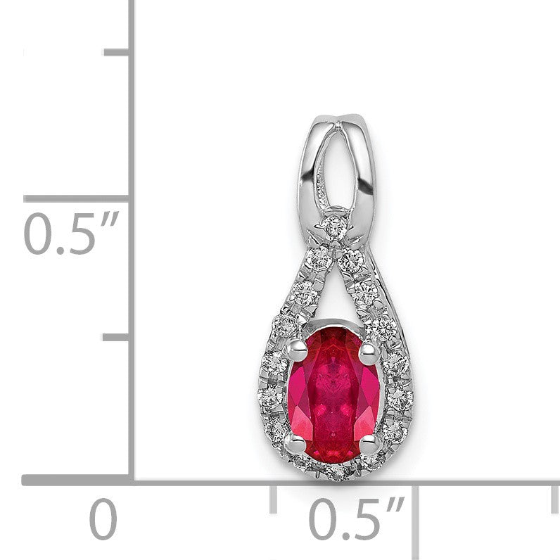 14k White Gold Diamond and .50 Oval Ruby Teardrop Halo Pendant