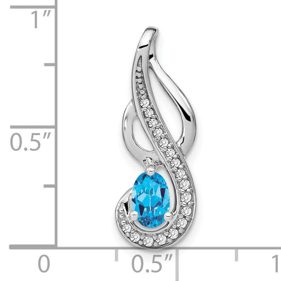 14k White Gold 6x4mm Oval Blue Topaz and Diamond Swirl Chain Slide