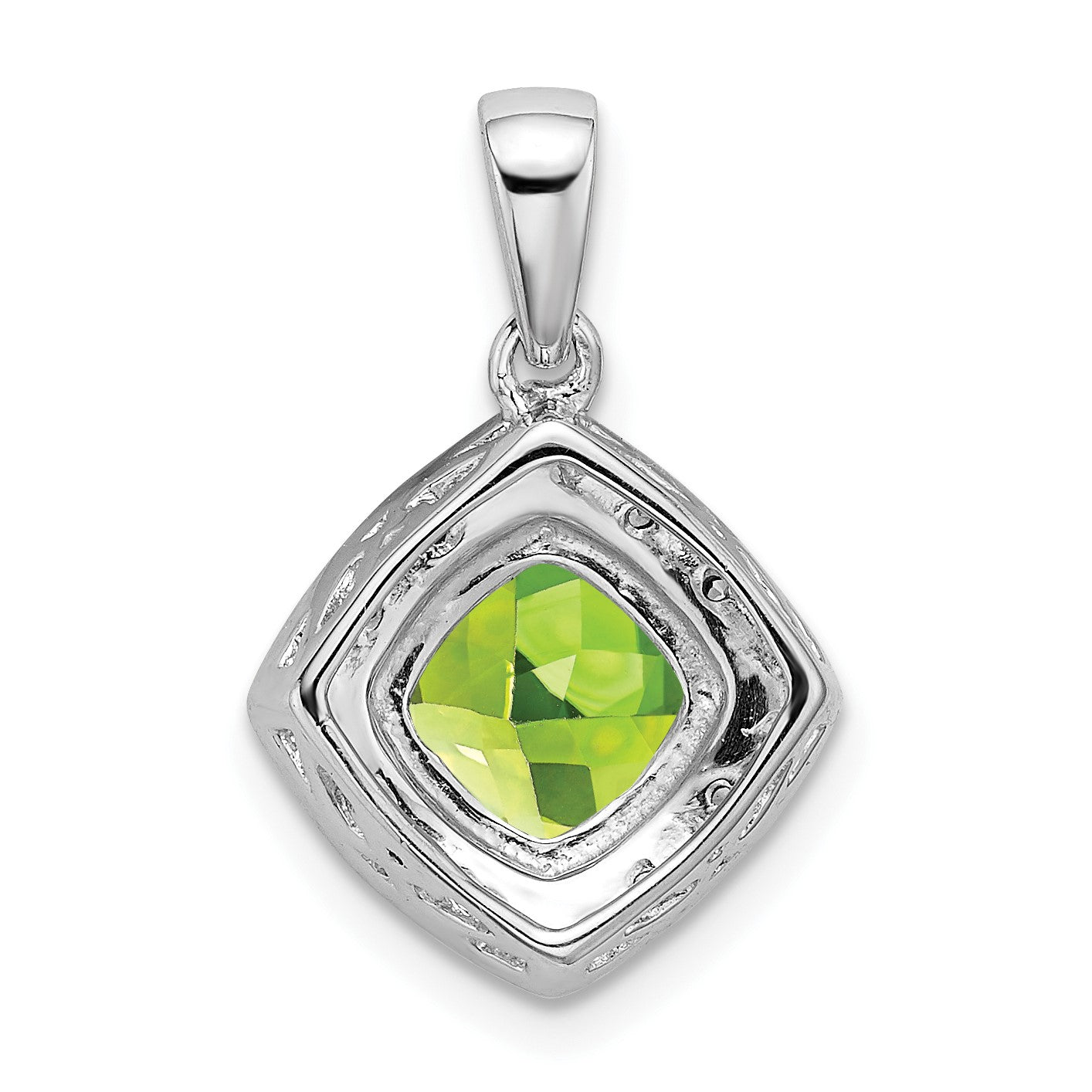 14k White Gold 7mm Cushion Peridot and Diamond Halo Pendant