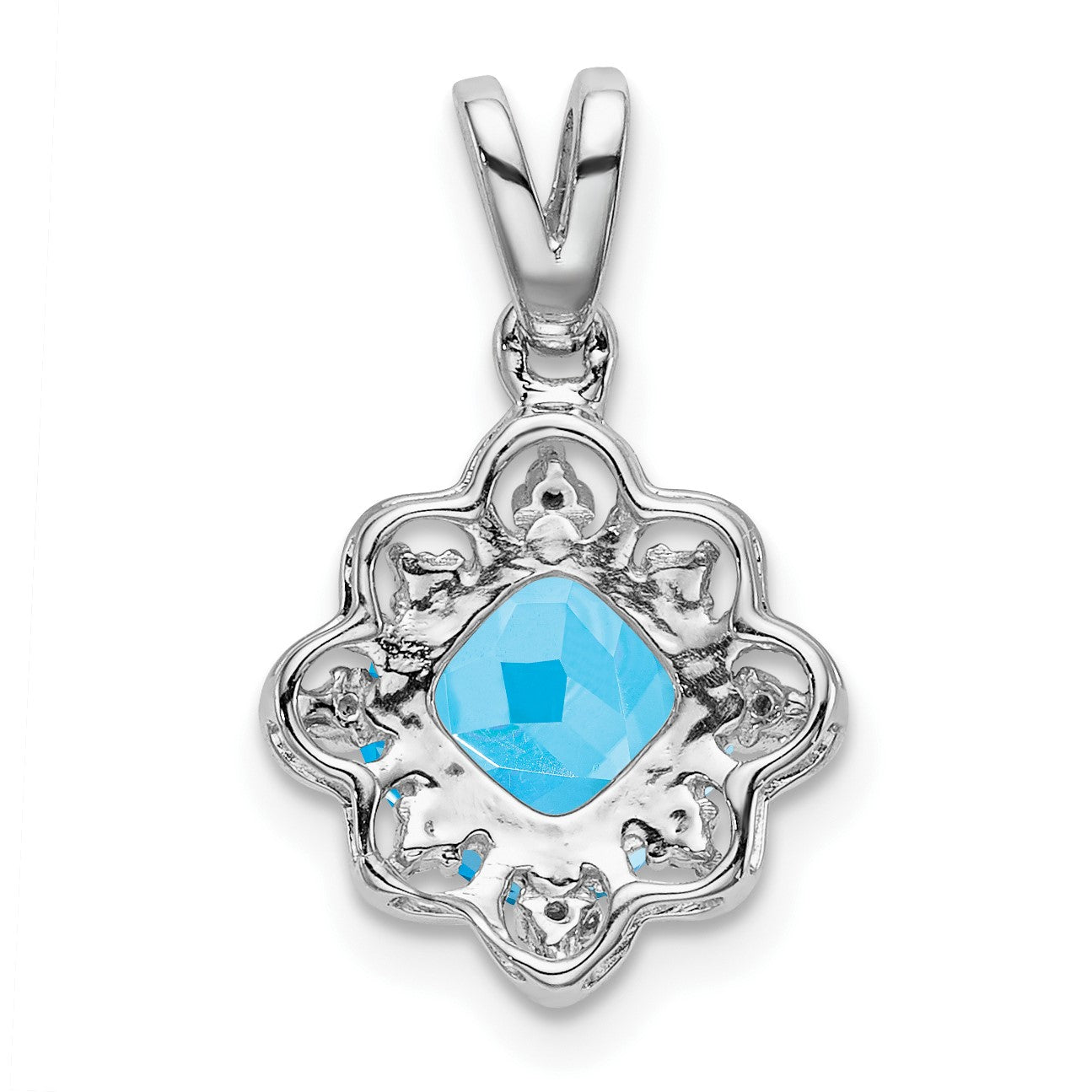 14k White Gold 7mm Cushion Blue Topaz and Diamond Scalloped Pendant